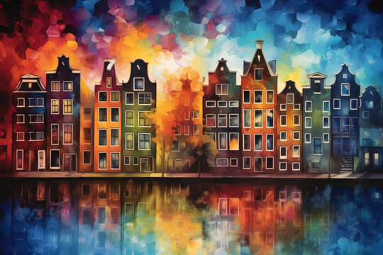 Amsterdam canal houses in rainbow colors, watercolor. Generative AI.