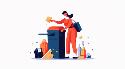 Garbage, trash sorting concept. Person throwing, utilizing plastic bottle into rubbish container, dustbin. Woman separating waste, refuse. Copy space. Generative AI. (1)