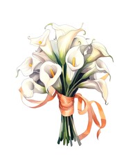 Bouquet of calla flowers tied with golden ribbon isolated on white background in watercolor style. Generative AI.