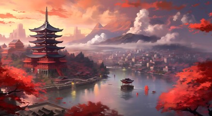 Fantasy landscape with a pagoda in the middle of the city ai generated