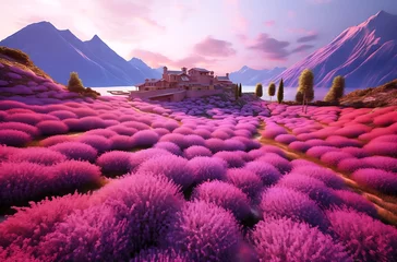 Küchenrückwand glas motiv 3d render of a lavender field with a house on top ai generated © Gorilla Studio
