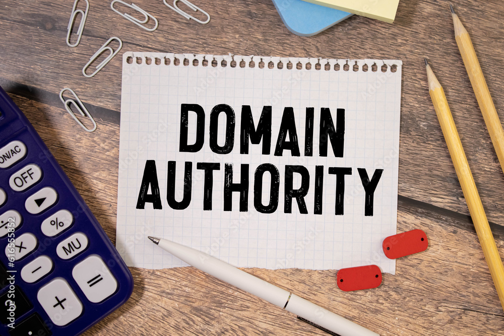 Poster notepad with text domain authority. diagram, red notepad and white background