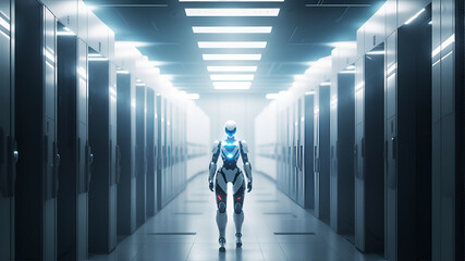 Fototapeta premium Big Data Center Ai robot cyborg humanoid In Warehouse Servers, Concept for Industrial Revolution -Generative Ai