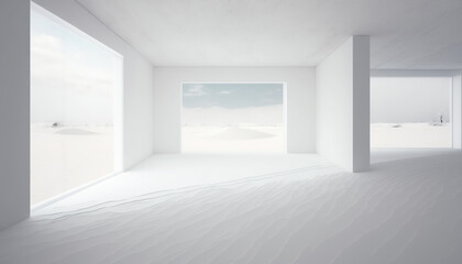 Fototapeta premium A wide-angle view of an empty white minimalist interior room with large openings revealing a bright desert landscape and natural light casting shadows.