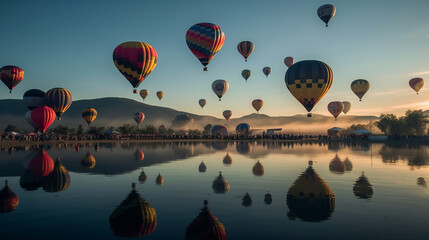 Fototapeta premium Many hot air balloons flying over the tranquil landscape at sunrise as part of festival