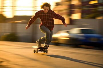 Fototapeta na wymiar An environmental full body shot of a teenage boy on a skateboard, racing off to school. Generative AI