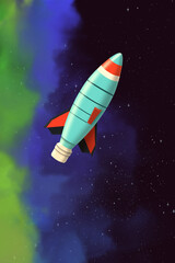 Spaceship in outer space with colorful nebula. Fantasy cartoon illustration of a flying rocket against the background of puffs of gas.