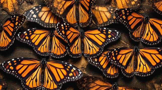 Flat lay image of monarch butterflies in a repeating pattern