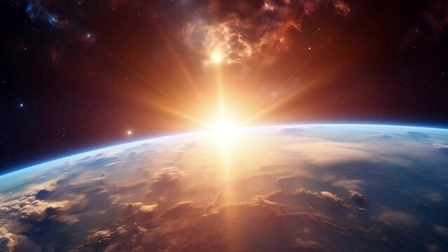 The sun emerging from beyond the Earth horizon in space.