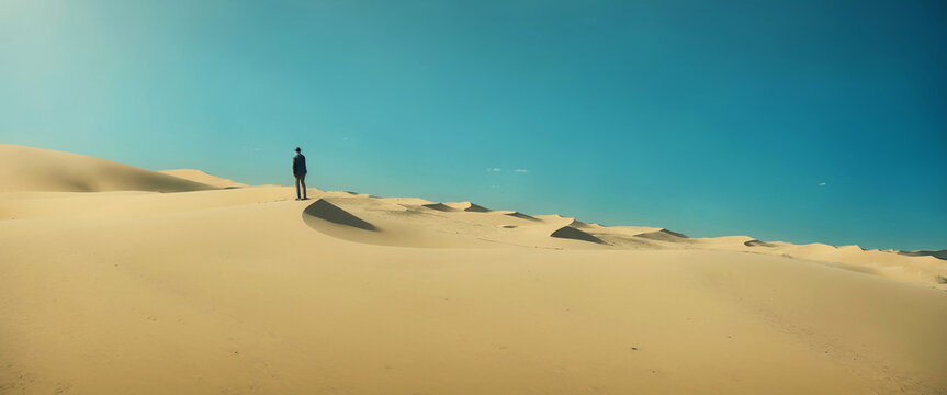 Lonely man wandering in the desert. Sand dunes, panoramic view