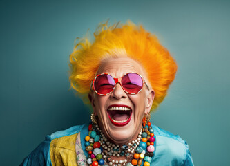 Photo of a happy elder woman with vibrant orange hair and stylish sunglasses