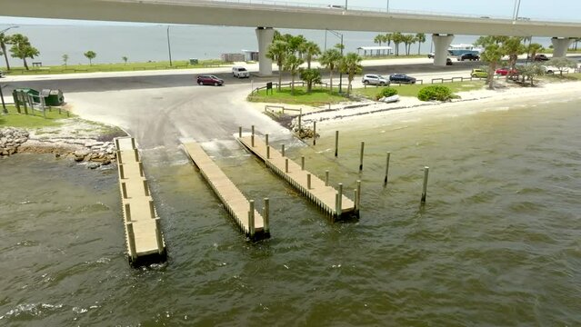 Aerial video boat ramp at Stuart Causeway Park Florida USA