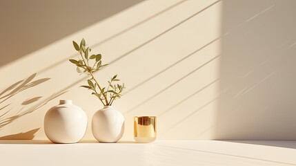Decorative plant pots against a white backdrop with light reflections at golden hour