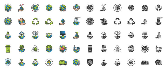 World Environment Day icon set. Nature Renewable Energy Icons. Eco Friendly. Earth Day Ecology Outline Vector Icon Illustration Sign ,Environment , Save Energy, Eco