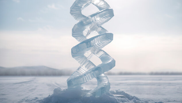 Abstrakte Darstellung einer DNA(deoxyribonucleic acid)-Doppelhelix aus Eis.