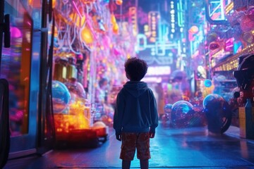 Obraz na płótnie Canvas A young child, mouth agape in awe, during a CGI - laden epic fantasy movie. Generative AI