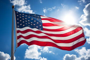 Obraz premium American Flag Soaring in the Blue Sky - Generative AI