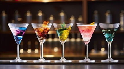 Collection of Five Multicolored Cocktails in Martini Glasses on a Bar Counter, Ideal for Happy Hour and Party Themes