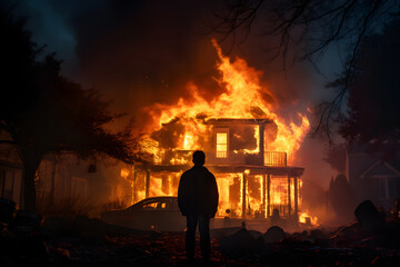 Intense Scene: Man Standing Before a Devastating Fire - Generative AI