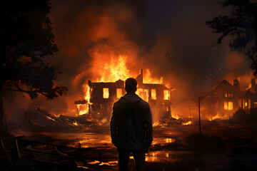 Intense Scene: Man Standing Before a Devastating Fire - Generative AI