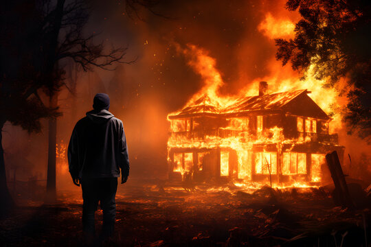 Intense Scene: Man Standing Before a Devastating Fire - Generative AI