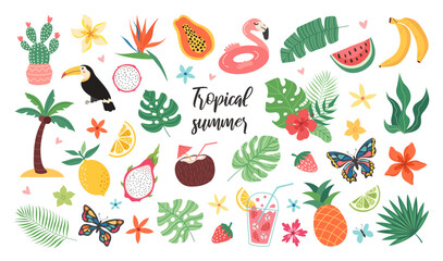 Set of tropical summer stickers. Icons for exotic vacation. Seasonal elements collection. Flamingos, flowers, pineapple, tropic leaves, citrus and exotic fruits, plumeria, watermelon, cocktails. - obrazy, fototapety, plakaty