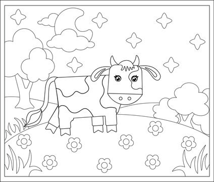 Cute Bull at night - a vector linear picture for coloring. A calf in a landscape with flowers, trees, clouds, moon and stars. Outline. Coloring page for children.