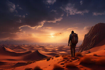 Fototapeta na wymiar The traveler stands and contemplates the sandy desert