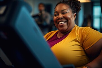 An energetic close - up shot capturing a playful, overweight woman mid - laugh during her fitness routine. Generative AI - obrazy, fototapety, plakaty