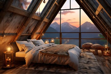 Interior of a attic bedroom with a beautiful view of the mountains ai generated