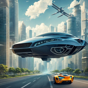 Carro voador transitando em meio &agrave; uma cidade futurista.
