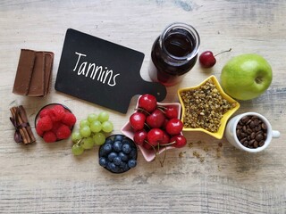 Tannins rich foods and drinks. Natural food sources of tannins. Tannins are a type of bitter chemical compound, polyphenols, found in many plants. Wine, chocolate, herbal tea, coffee, grape, berries.