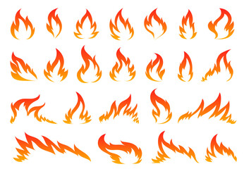 Hot temperature comic dangerous flame fires. Cartoon fire flames. Red campfire fiery icon set. Burning blazing wildfire, bonfires isolated on white background. Silhouette sign for stencil, stamp