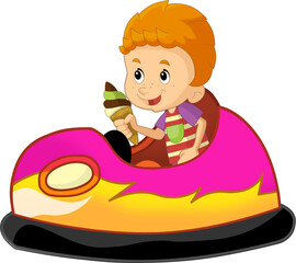 Fototapeta premium cartoon scene with kid boy driving funfair colorful bumper car isolated illustration for children
