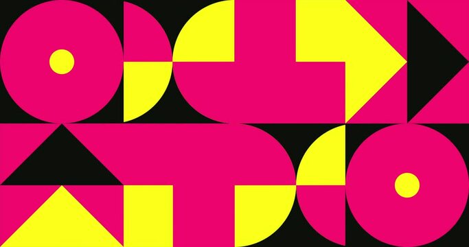 Animated Geometric pattern or background loop. 4K resolution geometric motion design in bright pink, yellow and black colors. Abstract moving shapes background.
