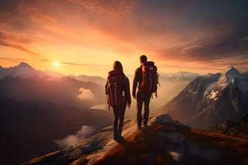 Adventure Travel: Couple Hiking to Mountain Summit at Sunset - Generative AI