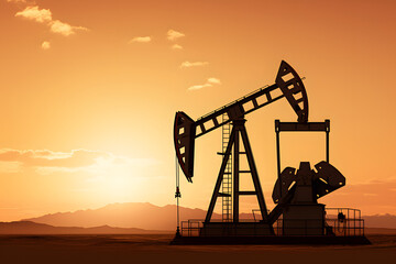 Desert Oil Extraction - Crude Oil Pumpjack Stick on Desert - Generative AI - obrazy, fototapety, plakaty