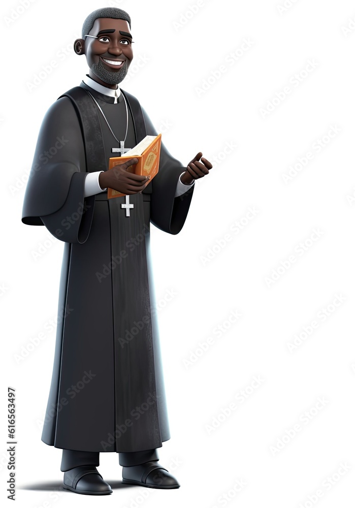 Poster black man priest isolated white background charming with copyspace generative ai
