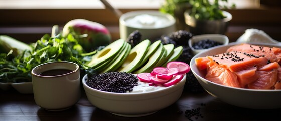 Bowl of Vegetables and Fruit with some Tuna, Insane Shot, Studio Lighting. Generative AI.