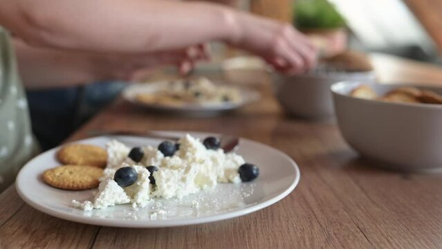 Cottage chease at plate with blueberries and cookies for healthy breakfast at home. Milk cream desert for organic meal nutrition with berries and sweet galletas