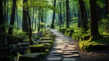a stone path in the woods
