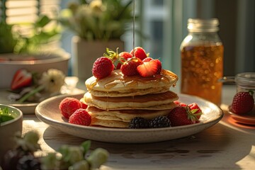 a stack of pancakes with berries and syrup on top