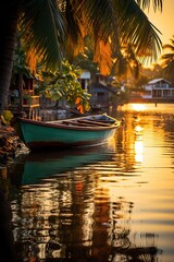 Obraz premium Insane Seascape. A Wooden Ship. Shot from an Island, Sunset and Palms, Exotic and Tropical Vibes.