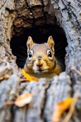 Obraz premium a squirrel looking out of a hole in a tree