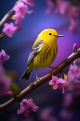 Fototapeta premium Yellow Bird Placed on a Wooden Stick, Professional Shot, Pink Flowers around Him, Nature Shot. Generative AI