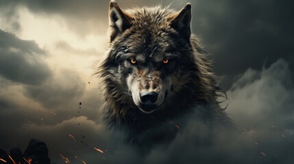 a wolf with smoke and flames