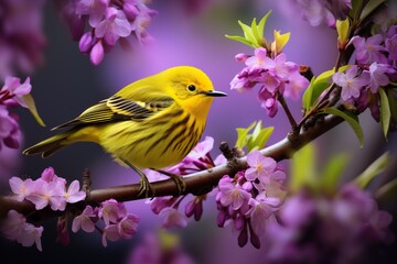 Yellow Bird Placed on a Wooden Stick, Professional Shot, Pink Flowers around Him, Nature Shot. Generative AI