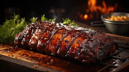 a large piece of meat with sauce on a wooden surface