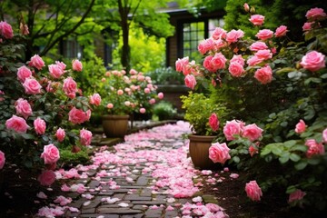 Fototapeta na wymiar a pink flowers on a brick path