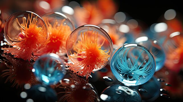 a group of bubbles with orange and blue objects